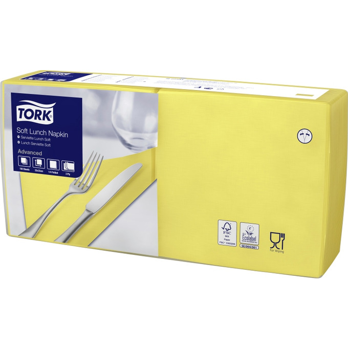 Tork Soft Lunchserviette gelb, 33 x 33 cm, 3-lagig, 1/4 Falz 150 Stk